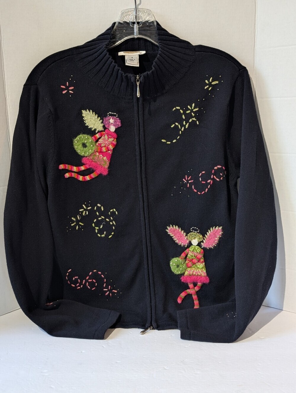 Vintage Talbots Sweater S Black Zip-Up Jacket Christmas Angel/ Fairy Appliqués - Picture 1 of 4